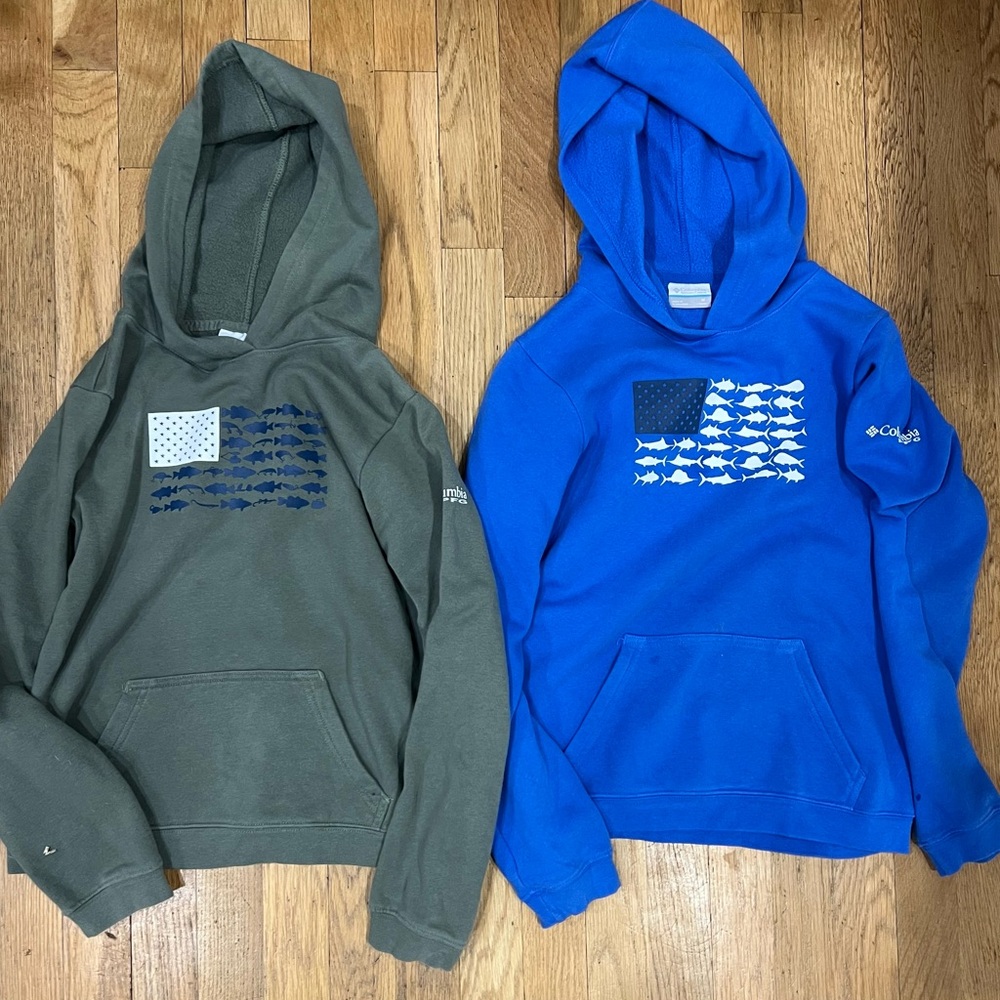 Columbia PFG Fish Flag Hoodies (1) Olive & (1) Blue Boys Size M (10/12)